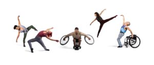 Five dancers in various positions arrayed against a white backdrop