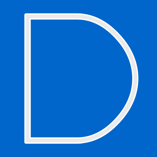 White capital "D" against blue background