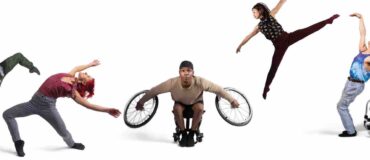 Five dancers in various postures are arrayed against a white background.