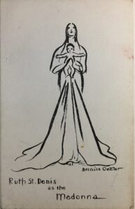 A line drawing of a woman in a long dress holding an infant.