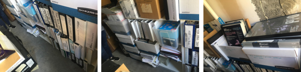 Three photographs side-by-side of the shelves of touring, finance, and photography binders. Including unorganized plastic and cardboard boxes of books, photos, posters, and magnetic media.
