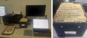 Two photos side-by-side. Photo on the left is of my laptop and disc reader hardware setup to upload and skim through each CD to record information, such as song title, work title, length of time, etc. Photo on the right is the box, labeled as “AXIS Repertoire Music CDs” and the discs carefully alphanumerically sorted and labeled by work or choreographer.