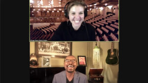 A split screen with a white woman with a black shirt and headphones (top) and a Black man with glasses (bottom).