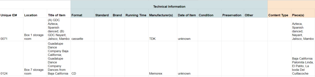 A spreadsheet filled in with technical information about AV material