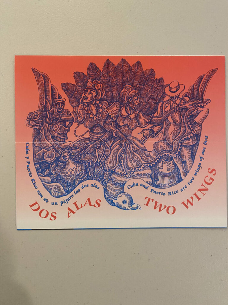 A red and blue flyer reading "Dos Alas, Two Wings"