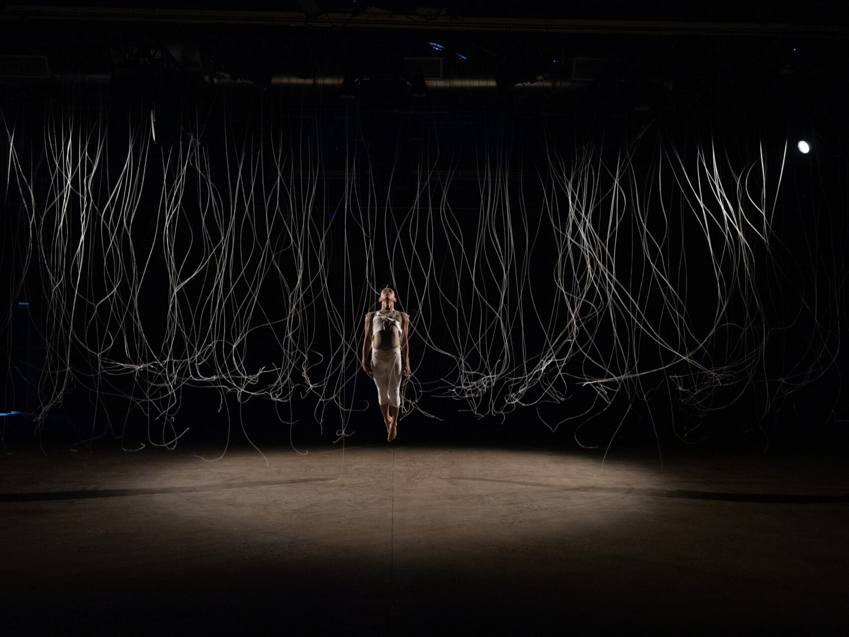 A performer jumping straight up in center stage with their body in a long straight position. All around them on the stage long silver tendrils fall from the ceiling.