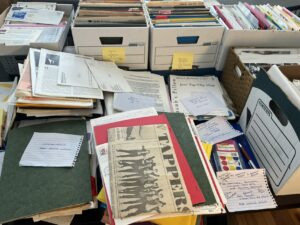 Various boxes, folders, newspaper clippings, and other archival objects