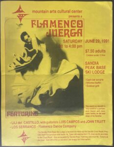 A yellow flyer with red writing announcing the information about an event with a large black and white photo of a flamenco dancer.