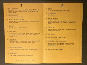 A yellow program with black writing listing dance pieces and credits