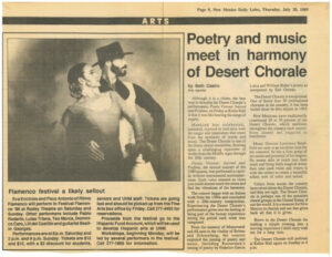 Newspaper clipping with an image of two dancers and the headline "Poetry and music meet in harmony of Desert Chorale"
