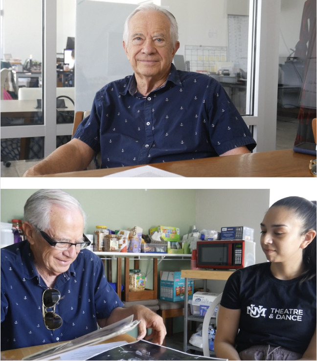 On top, an older gentleman smiling. On the bottom, the gentleman and the archiving fellow looking together through archival papers.