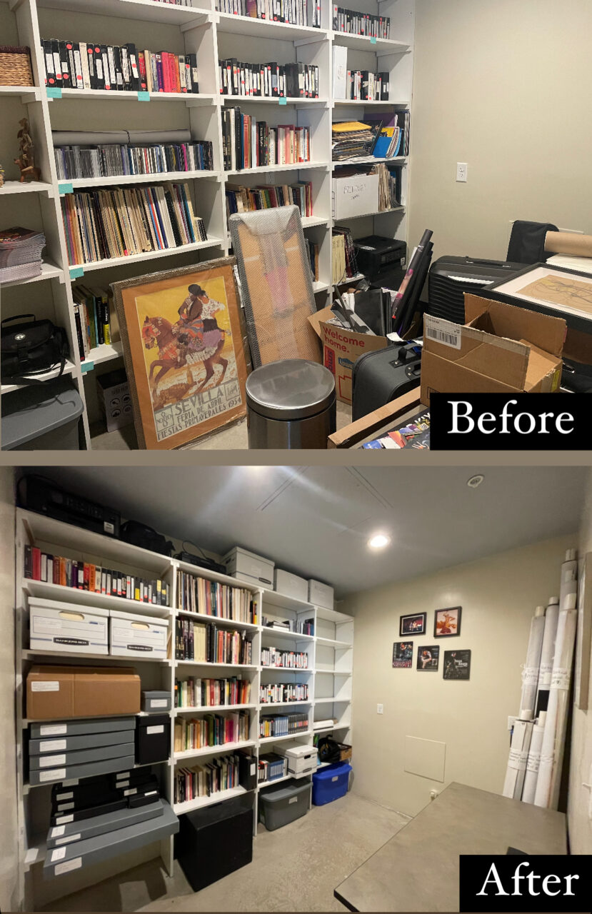 On top, a room with boxes, framed objects, suitcases, and lose items. On bottom, a well organized room with all items in boxes on shelves.
