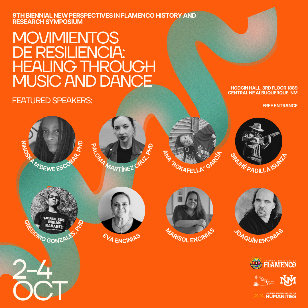 An orange poster with white text reading "Movimentos de Resiliencia: Healing Through Music and Dance." Eight speaker headshots and names are featured.