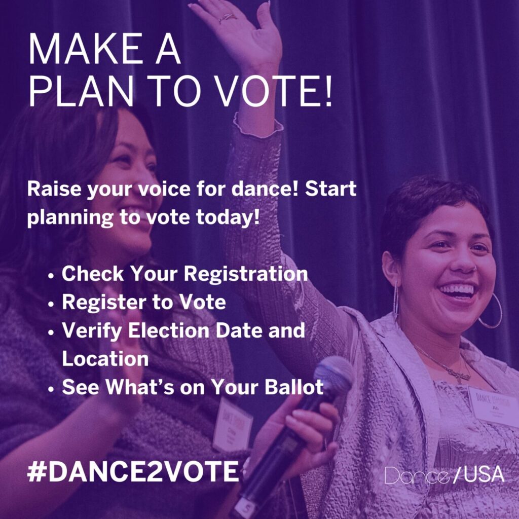 A purple-toned promotional graphic shows two smiling people on stage, one raising their hand while the other holds a microphone. Overlaid text reads: “Make a plan to vote! Raise your voice for dance! Start planning to vote today!” followed by a bulleted list: “Check your registration,” “Register to vote,” “Verify election date and location,” and “See what’s on your ballot.” The hashtag “#DANCE2VOTE” appears at the bottom along with the Dance/USA logo.